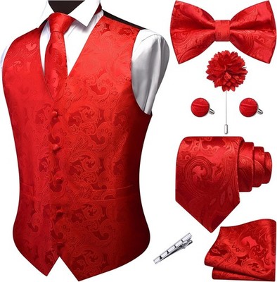 Men's 7PCS Formal Wedding Vest Set V-Neck Paisley Jacquard Waistcoat Tie Bowtie