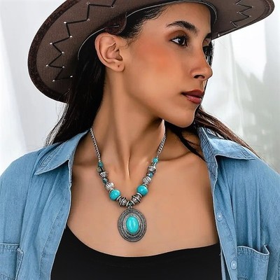 Boho-Chic Türkis & Perlen Anhänger Halskette - Vintage Western Cowboy Stil