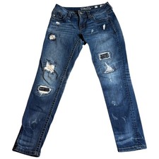 Miss Me Skinny Jeans Womens 27 Blue Logo Medium Wash Straight Leg Distressed