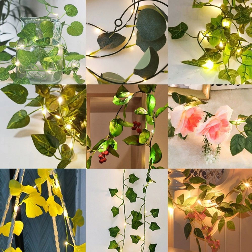 Green Leaf LED String Lights 4.5V Vine Leaves Flower Garland Fairy Lamp 2m 10m