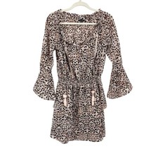 Express Brown Leopard Print Bell Sleeve Peasant Tiered Mini Dress Animal SMALL