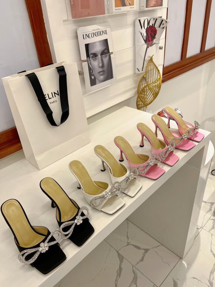 23ss Diamond Bow High Heels, Silk Forged Thin Heel Square Toe Slippers