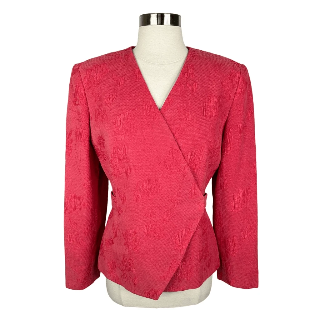 Blazer vintage Christian Dior rouge enveloppant devant taille 6 broche broderie florale