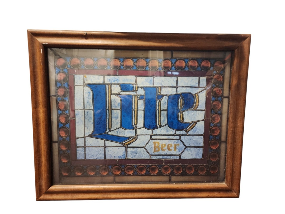 1986 Miller Lite Beer Plastic Stained Glass Wood Frame Bar