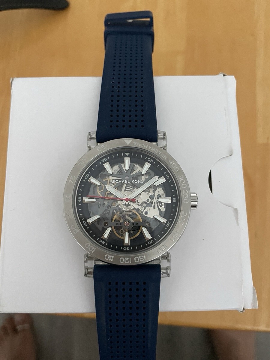 MICHAEL KORS GREER SKELETON AUTOMATIC BLUE SILVER MEN MK9040 WATCH