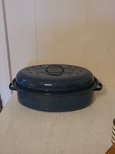 Vintage Blue Speckle Enamel Roaster With Lid