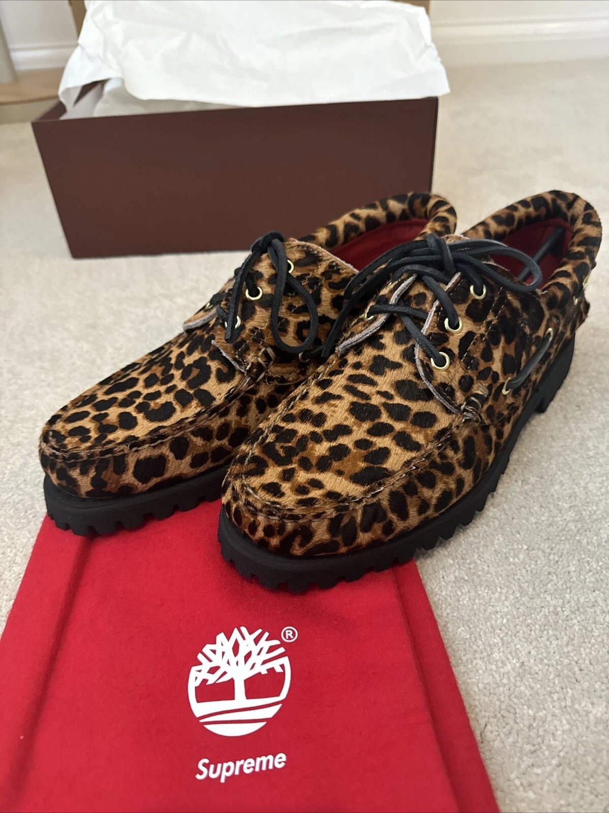 Chaussure bateau homme Supreme Timberland Classic 3 Eye Lug Cheetah SS19 9 cousue main