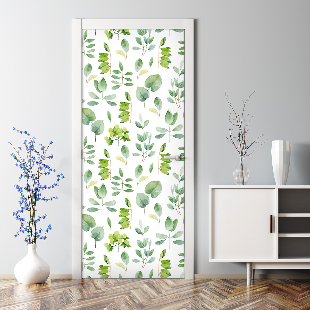 Bubble-free green watercolor leaves reusable self-adhesive door decal wallpaper