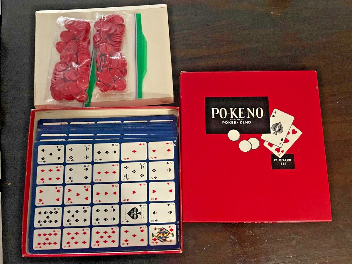 Vintage POKENO (PO-KE-NO) Playing Card Game Set, 12 Boards Chips #3105