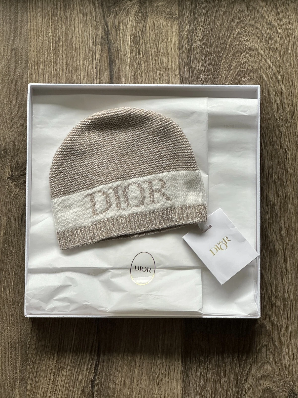 Bonnet enfant Dior beige chiné et ivoire laine et cachemire mélangés tricot taille T2