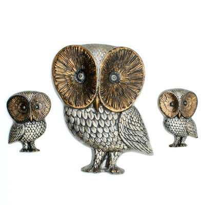 Vtg 17 Tall Big Eyes Barn Owl Family Wall Hanging Silver Gold