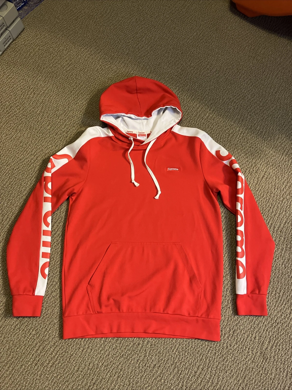 Supreme Box logo sur la poitrine avec manches rayées sweat à capuche rouge taille XL