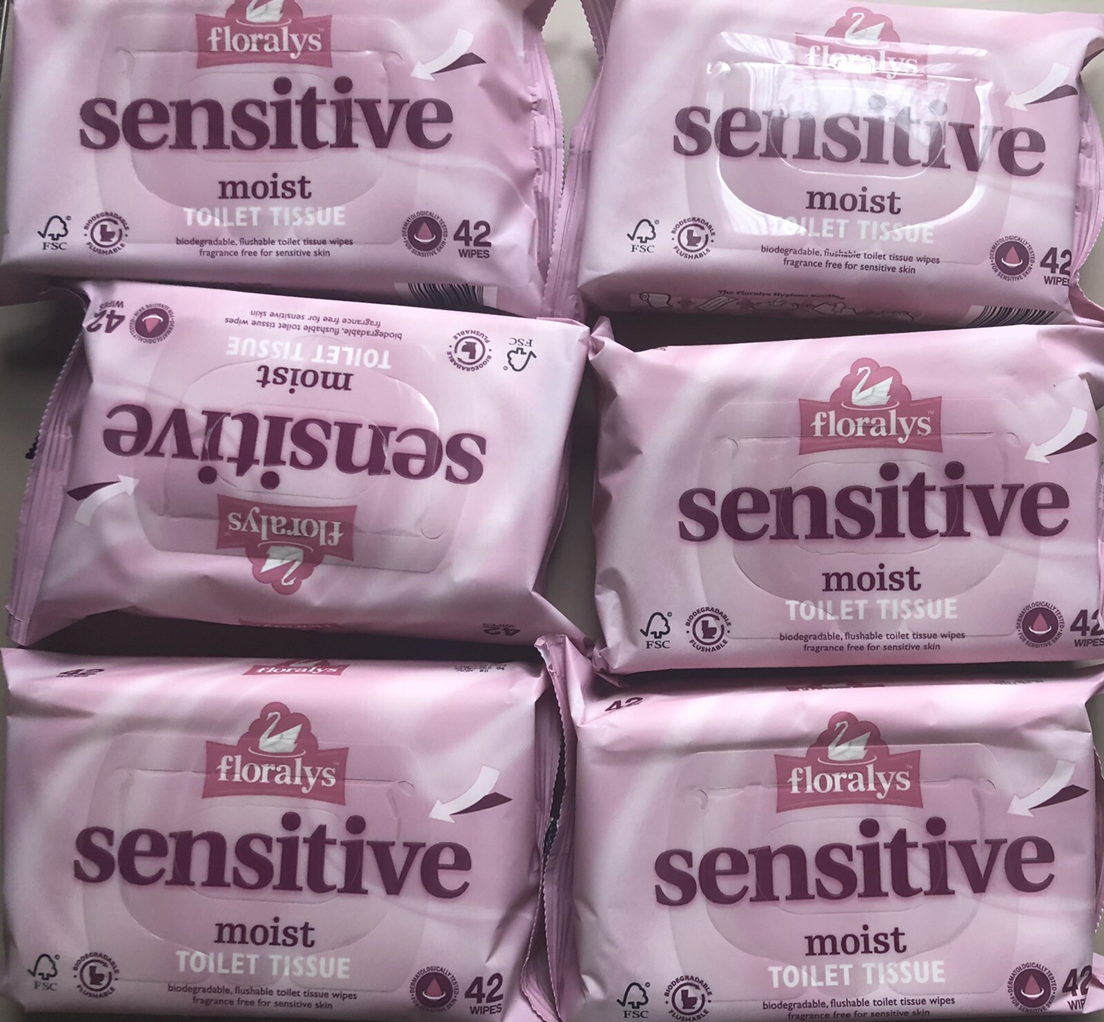6 Pack Floralys SENSITIVE Moist Toilet Tissue Wipes Flushable