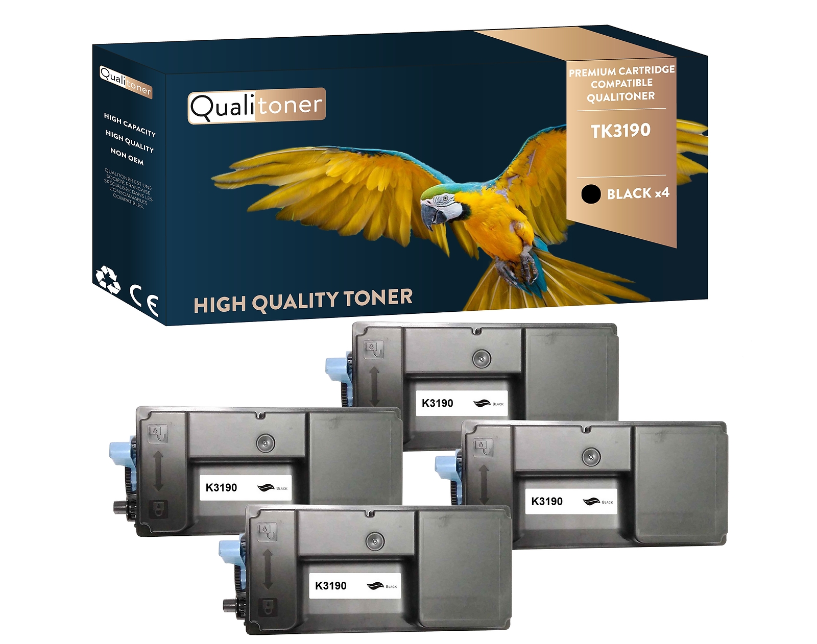 Toner TK3190 Noir à haut rendement QUALITONER, lot de 4 pour des impressions monochromes nettes