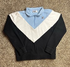 Womens Fila Pullover Sweatshirt Black Fleece White Light Blue 1/4 Zip Small M