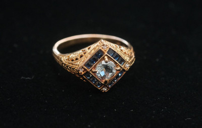 Vintage 14k Yellow Gold Filigree Designs Round Aqua Center 12 Sapp & 4 Dias DECO
