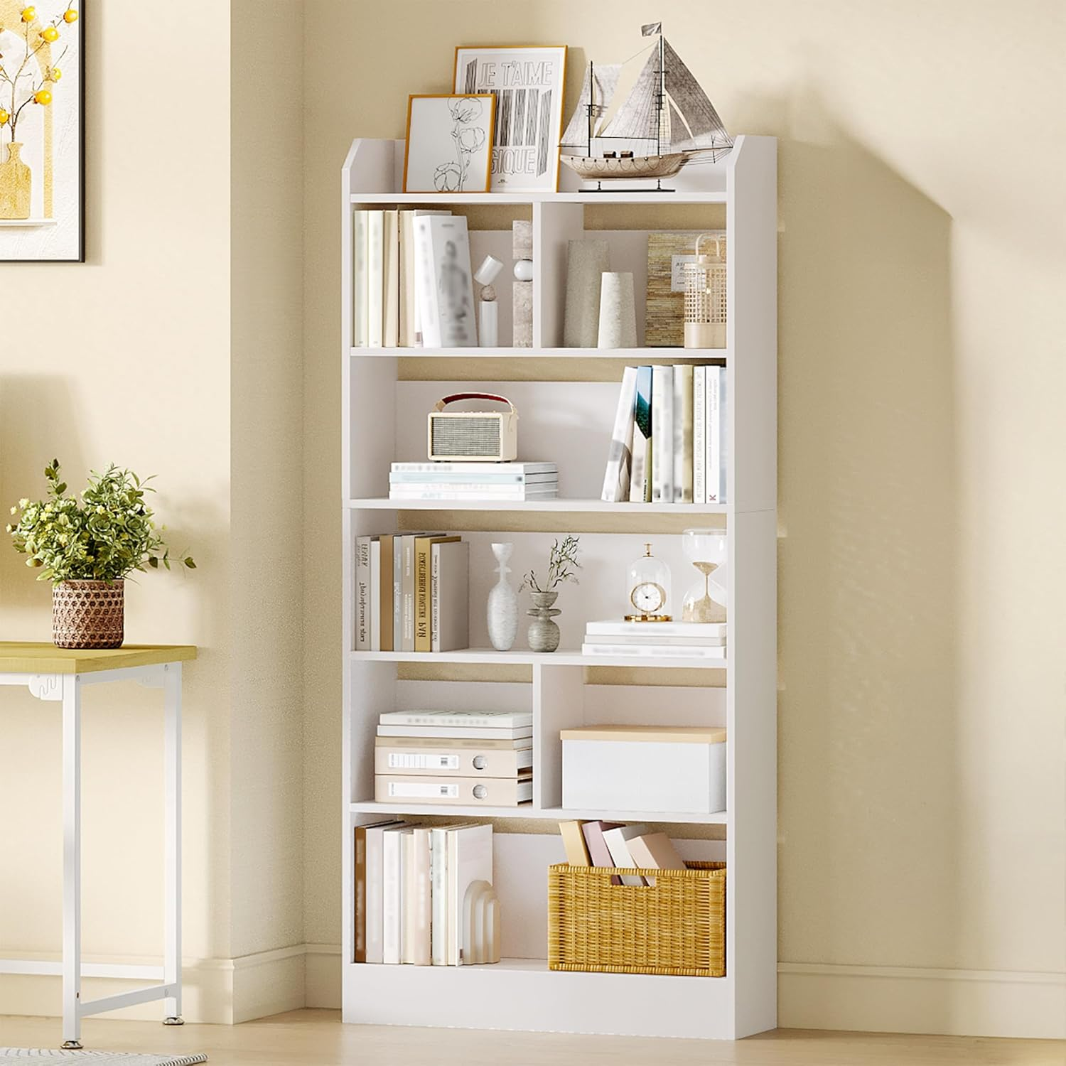 Bookcase 6 Tier Adjustable Shelves Storage Unit Tall Bookshelf Space Saving Wood
