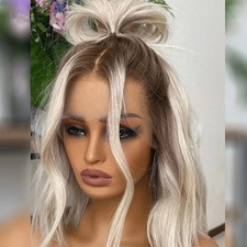 Peluca Ombre Platino Rubia Onda Corta 13x4 Encaje Frontal Peluca Cabello Humano Raíces Marrones