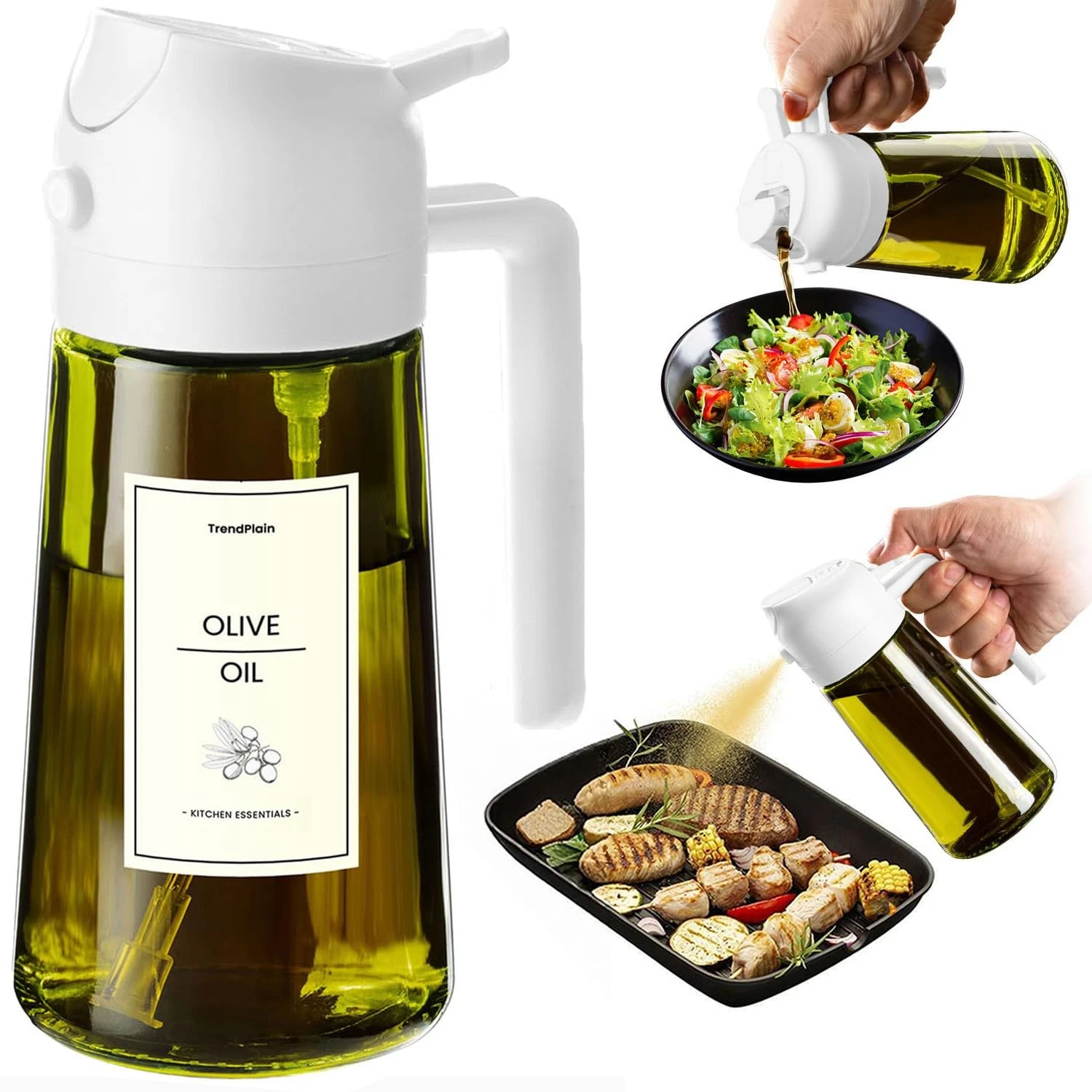 TrendPlain - Original 16oz/470ml Olive Oil Dispenser 15.9 Ounces, White