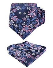 Mens 3.15'' Natural Flower Pattern Tie with Floral Pocket 146-navy pink white
