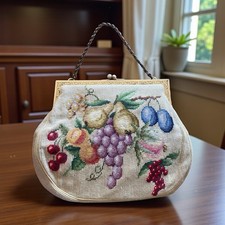 Vintage Needlepoint Purse LARGE Petit Point Fruit Floral Kisslock Handbag 12x14"