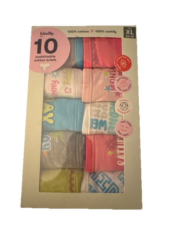 Kindly Girls 10 Pack Cotton Briefs XL 16-18 Sustainable Underwear