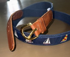 VTG Preston New England 40 Belt Navy Sail Boat Fabric Brown Leather Made In USA