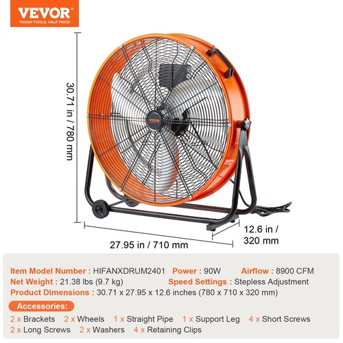 VEVOR Drum Fan 24 In High Velocity Industrial Infinitely Variable Speed 7935CFM - Picture 7 of 10
