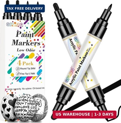 Black Paint Pens - 4 Pack Dual Tip Acrylic Paint Markers (0.7mm & 3mm), Non-Toxi