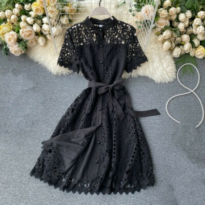 lace hollow dress with shorts Lace Hollow Dress with ShortsElegant Lace Hollow Pockets Dress for Women