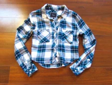 RAILS ~ Size XS ~ Blue Plaid CONVERTIBLE SLEEVE Cropped Buttoned Rayon Shirt a83
