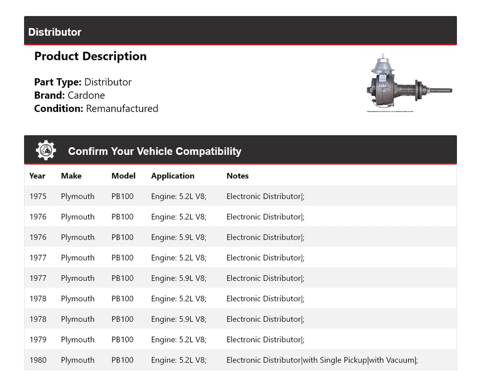 For 1975-1980 Plymouth PB100 Distributor Cardone 1976 1977 1978 1979 - Image 2 of 4