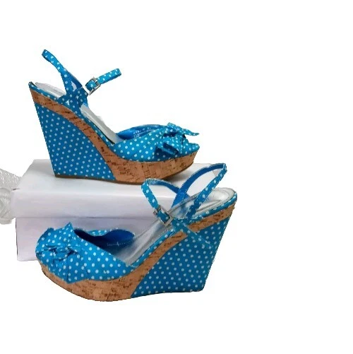 Bamboo Mirage Blue Polka Dot Bow On Vamp Sz 8½ Peep Toe Wedge Heel Sandal As Is - Image 2 of 4