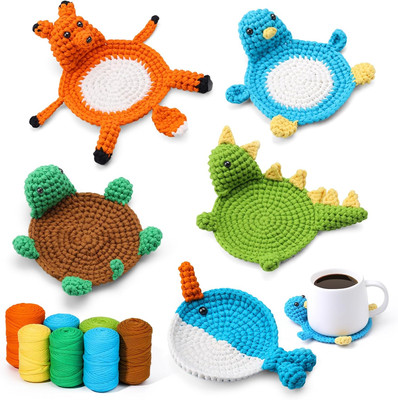 Crochet Kit Beginners Animal 5PCS Coasters Step-By-Step Video Tutorials Easy DIY