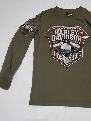(#A1)  Harley Davidson  Long Sleeve T-Shirt Cotton Olive Green SZ KIDS SMALL 