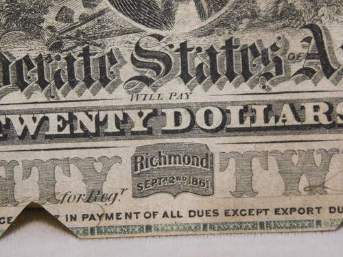 1861 Confederate $20 note T-21 cut-out cancel - Picture 7 of 17