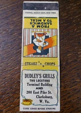 Vintage Matchbook: Dudley's Grills, Clarksburg, WV