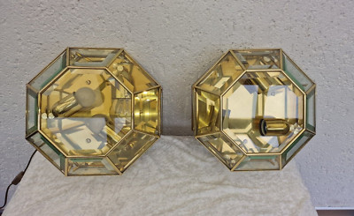 Pair Wall Lamp Sconces Ceiling Light Brass Cut Glass 60s/70s