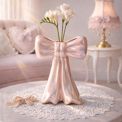 Pink Bow Vase for Flowers, Glossy Ceramic Flower Holder with Narrow Opening for