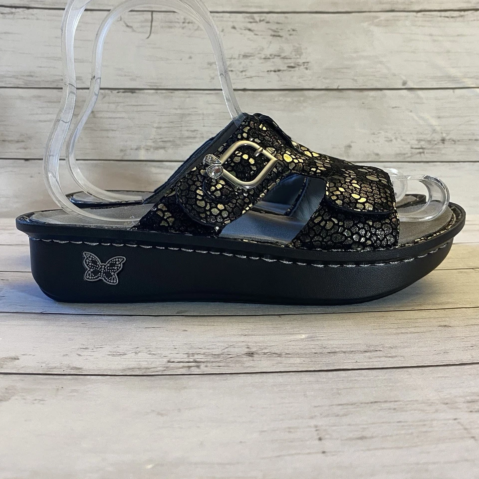 Sandalias Alegria para mujer 37 negras brillantes estrás zapatos cómodos correderas con tiras Foto 4 de 4