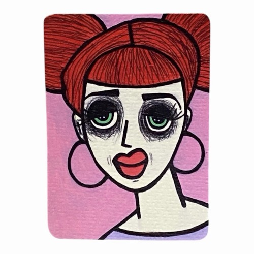 Original ACEO Art Card Red Haired Woman Gothic Portrait Acrylic Ink 2.5x3.5
