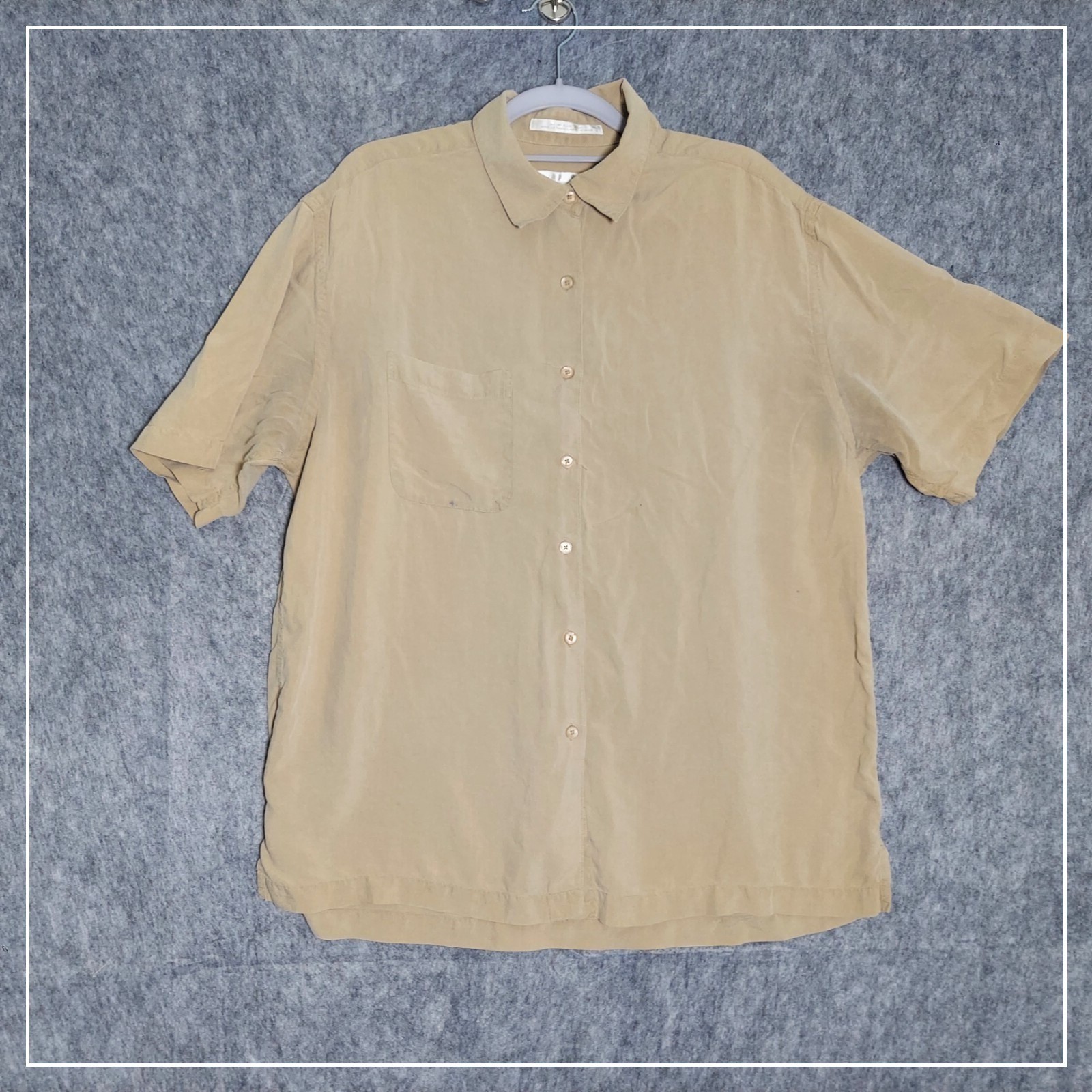 VTG Perry Ellis 100% Silk Button Shirt Men Large Tan Short Sleeve Pocket Casual