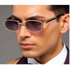 Rhinestone Sunglasses Gold Frame Square Lens Fashion Shades Retro Vintage Lentes