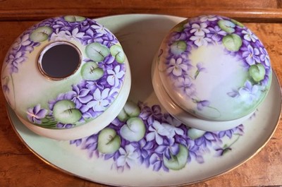 Antique Hand painted Limoges Dresser Set Tray, Trinket Box Hair Receiver Violets