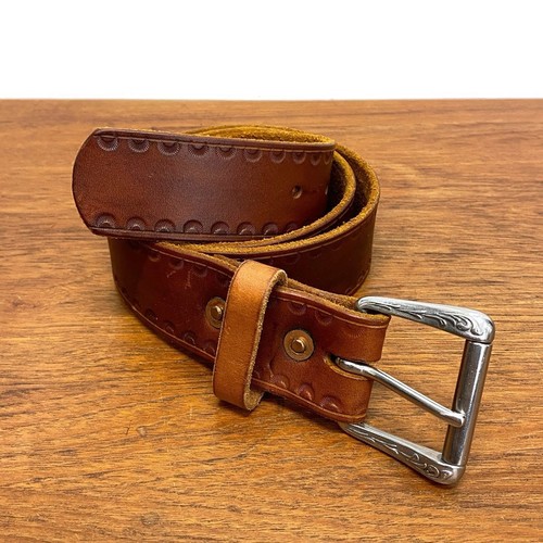 Al Stohlman Brown Scallop Design Size 38 Tooled Western Belt Silver Tone Buckle - Picture 1 of 8