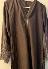 Women's Brown Embroidered Kurta Kurtas/Kurti Long Sleeve