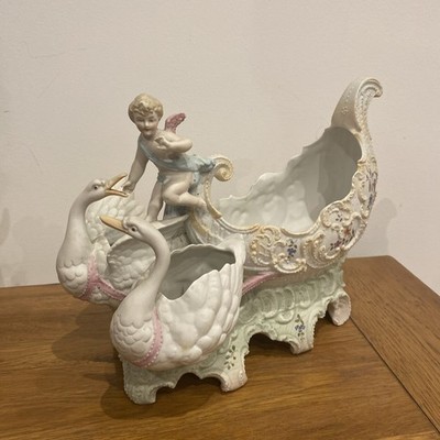 GROSSE DEUTSCHE 1800er PORZELLAN SCHWANENSCHLITTEN CHERUB HANDBEMALT SCHALE SCHALE ÜBERTOPF