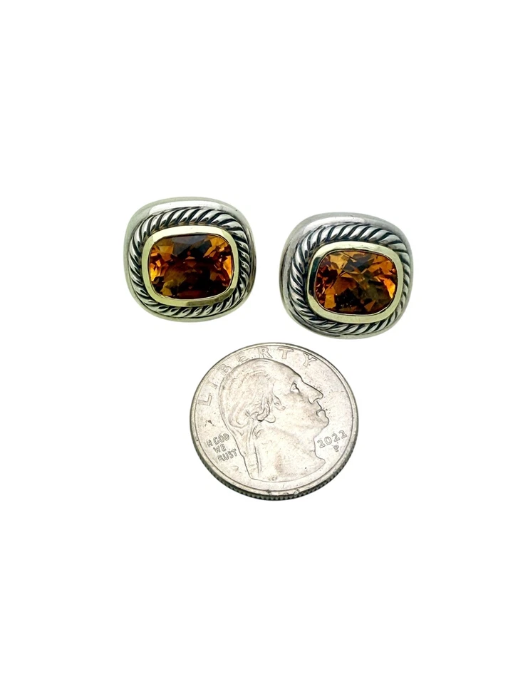 David Yurman Sterling Silver & 14k Gold Citrine Cushion Cable Clip On Earrings - Image 3 of 4