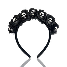 Halloween Skull Headband, Day of the Dead Black Flower Crown Hair Accessories fo