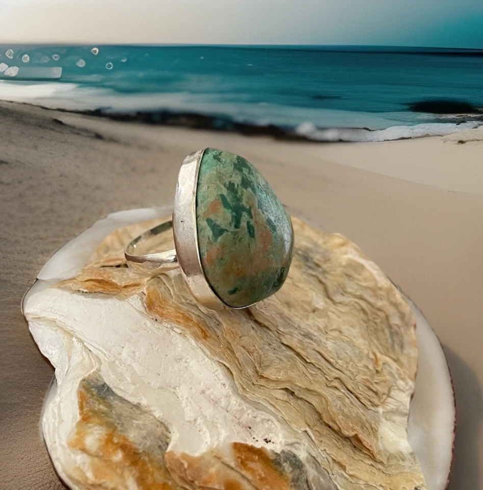 Anillo de piedras preciosas turquesa peruana tamaño 7,5 - chapado en plata de ley 925 - nuevo Foto 2 de 4